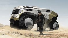 an artist's rendering of a futuristic vehicle in the desert with a man standing next to it