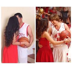 two pictures of people in basketball uniforms and one is holding a basketball