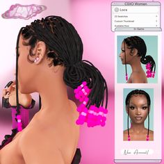 an animated image of a woman with braids and pink beads on her hair, in front of a pink background