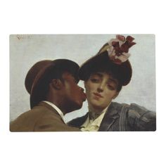 a painting of two people with hats on their heads and one is kissing the other