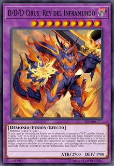 a card with an image of a demon in the center and flames on it, as well