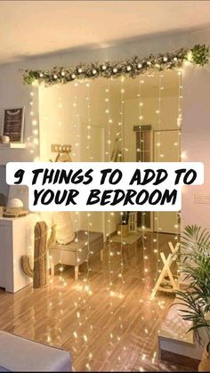 a living room with lights on the wall and a mirror that says 3 things to add to your bedroom