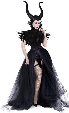 PRICES MAY VARY. Package Includes - 1* Shiny Long Tulle Skirt; 1* Natural Feather Cape Shawl; 1* Maleficent Horns; 2* Fishnet Thigh High Stockings. Complete your deluxe Maleficent look. Flowy Tulle Skirt - Hand sewn from 196.85" wide tulle; length: 59.06". The waist size can be freely adjusted. One Size Fits All - The cape choker size is 7". Maleficent horns are made of 100% natural latex. Perfect for head size 23.61". Great Halloween Costumes - Perfect for Halloween, trick or treating, movie pr Evil Queen Costume, Halloween Trick Or Treating, Raven Costume, Feather Shawl, Maleficent Horns, Halloween Costume Design, Long Tulle Skirt, Kostum Halloween, Feather Cape