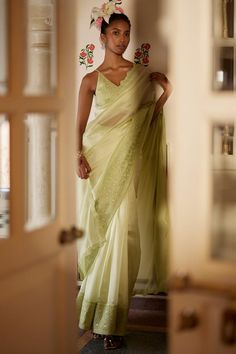 Mint saree with resham and leather embroidered border. Paired with a blouse with all over resham embroidery.
Components: 2
Pattern: Embroidery
Type Of Work: Floral, Resham
Neckline: V Neck
Sleeve Type: Sleeveless
Fabric: Organza Silk, Chanderi Silk
Color: Green
Other Details: 
Scallop trim detail pallu
Occasion: Sangeet - Aza Fashions Mint Saree, Punit Balana, Resham Embroidery, Dresses Traditional, Poses Women, Border Saree, Indian Dresses Traditional, Embroidered Border, Dream Dresses