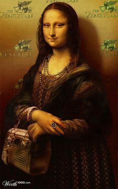 a painting of a woman with long hair holding a purse and looking at the camera