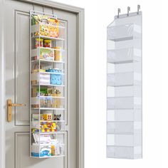 the door is open to reveal an organized pantry drawer and hanging storage rack for food