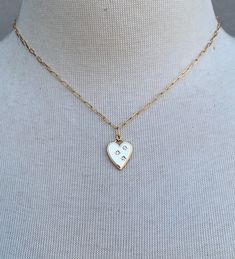 Gold Filled Mini Link Chain with Crystal Heart Charm Necklace Length of Necklace: approx. 16 inches (plus 2 inch extension chain) Adjustable Heart Pendant Necklace, White Initial Pendant Necklace With Delicate Chain, White Heart Pendant Necklace With Delicate Chain, Heart-shaped White Chain Necklace For Gift, White Chain Necklace With Round Pendant And Adjustable Chain, White Heart Pendant Charm Necklace With Adjustable Chain, Adjustable White Pendant Chain Necklace, White Dainty Charm Necklace, White Charm Necklace With Adjustable Chain For Everyday