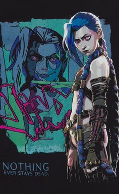 a woman with blue hair standing in front of a graffiti art painting on the wall