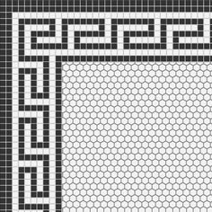 a black and white mosaic tile pattern with an interlaced design in the center