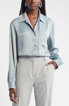 Nordstrom Bishop Sleeve Satin Button-Up Shirt | Nordstrom Satin Button-up Shirt With Button Cuffs, Fall Satin Shirt With Button Cuffs, Elegant Blouse With Pockets And Spread Collar, Formal Button-up Blouse With Pockets, Silk Shirt With Button Closure, Elegant Formal Blouse With Pockets, Silk Blouse With Button Closure In Relaxed Fit, Elegant Solid Color Blouse With Pockets, Blue Button Up Shirt Outfit