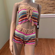 Fashion Nova Multi-Colored Crochet 2 Piece Swimsuit Set Size Xl Multi-Colored Cotton Crochet ( No Material Tag) Top Front Lace-Up Style Tube Top 16" Armpit To Armpit 9.5" Length Scallop Bottom Matching Boy Short Bottom 32" Waist 10" Rise Stretch At Waist And Top New With Tags Multicolor Short Length Tops For Beach, Multicolor Short Length Beach Tops, Fitted Multicolor Crochet Top For Beach Season, Crochet 2 Piece, Style Tube Top, 2 Piece Swimsuit, Crochet Shorts, 2 Piece Swimsuits, Swimsuit Set