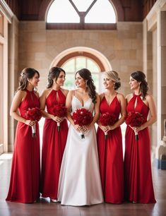 a group of women standing next to each other wearing red dresses and holding bouquets