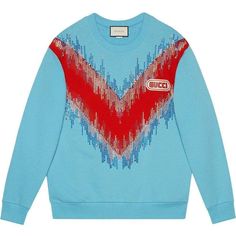 Opulent details, like glimmering feather and drop appliques, wrap around the shoulders of this cotton sweatshirt.Light blue felt cotton jersey with red maxi chevron motif.Embroidered beads.Gucci in SEGA fontCrewneck.Oversize fit.Composition: Cotton 100%Designer Style ID: 469250X9S40Made in Italy. Embroidered Beads, Gucci Sweater, Pull Oversize, Red Maxi, Sweater Pullover, Sweater Design, Embroidered Sweatshirts, Knitted Jumper, Sweaters Oversized