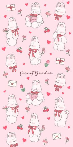 the pink background has many different images on it, including an image of rabbits and hearts