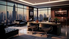 an office in the middle of a large cityscape with lots of windows and furniture