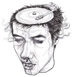 a drawing of a man's head with an object on top of his head