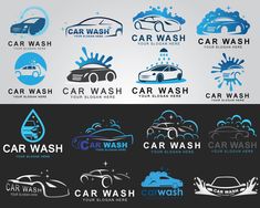 car wash logo design with blue and white colors on the front, black and gray background