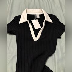 Nwt! Black Ribbed Mini Dress (Length: 30 In) White Collar V-Neck Comfy And Stretchy Material H&m V-neck Top For Night Out, Black Ribbed V-neck Dress, H&m Black V-neck Dress, H&m Black Collared Top, Black Collared H&m Tops, Dress H&m, Ribbed Mini Dress, Hm Dress, H M Dresses