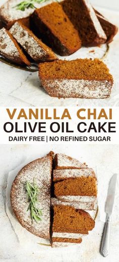 vanilla chai olive oil cake is cut into slices and served on a white plate