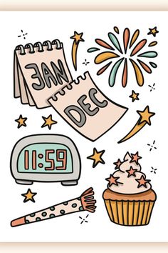 an image of a happy new year's eve card with cupcakes and fireworks