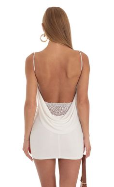 Mira Lace Open Back Dress in White | LUCY IN THE SKY Dress With Wedges Outfit, Cowl Back Dress, Backless Dress Short, Lace Back Dresses, White Lace Mini Dress, Lucy In The Sky, Open Back Dress, White Short Dress, Sorority Outfits