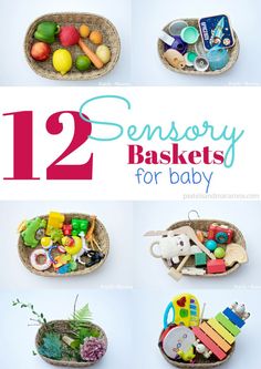 twelve different baskets with toys in them and the words 12 sensory baskets for baby