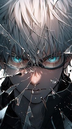 an anime character with blue eyes and white hair, looking through the shattered glass in front of him