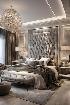 a large bed sitting in the middle of a bedroom next to a chandelier