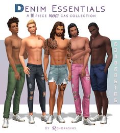 five male models are standing together in front of a blue and white background with the words denim essentials