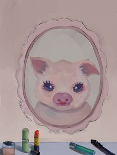 a painting of a pig looking through a mirror