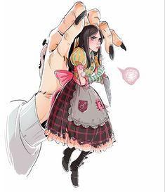 a drawing of a girl in a dress holding a knife up to her face with both hands