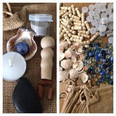 two pictures with shells, candles and other items