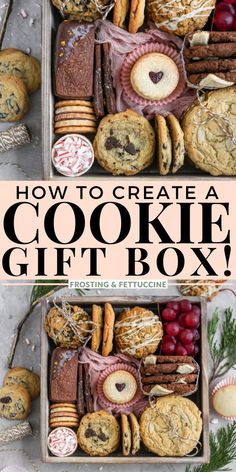 How to create a cookie gift box- Learn how to make the best gift ever- A DIY cookie gift box! Tips, tricks, and recipes all included!! This box is the perfect thing to make with all your holiday and christmas cookies! #cookiegiftbox #howtocreateacookiegiftbox #christmascookies #frostingandfettuccine Christmas Present Exchange, Jul Kaka, Homemade Goods, Christmas Cookies Gift, Cookie Gift Box, Blessing Bags, Ultimate Cookies, 귀여운 음식 그림, Christmas Food Gifts