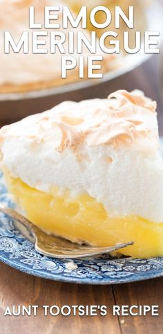 lemon meringue pie on a blue and white plate with the title above it