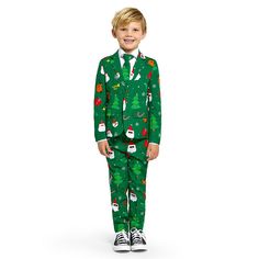 Does your little one want to look cool and stand out this holiday season? Look no further than this boys Festivity green Christmas tree gift-wrap paper print suit set. Does your little one want to look cool and stand out this holiday season? Look no further than this boys Festivity green Christmas tree gift-wrap paper print suit set. FEATURES Set includes: jacket, pants & tie Jacket: button front, long sleeves, 3 functional front pockets (1 inside pocket and 2 outer) Pants: elastic waistband with button and zipper fly closure, 2 side pocketsFABRIC & CARE Polyester Machine wash Imported Size: 8. Gender: male. Age Group: kids. Winter Party Green Suit, Green Winter Party Suit, Long Sleeve Holiday Sets, Green Holiday Sets For Winter Season, Green Holiday Sets For Winter, Green Winter Holiday Sets, Festive Green Long Sleeve Suit, Holiday Green Long Sleeve Sets, Casual Green Christmas Sets