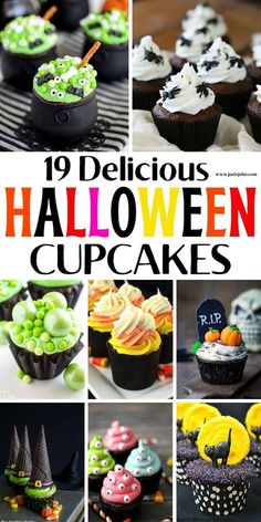 halloween cupcakes with sprinkles and decorations on them are featured in this collage