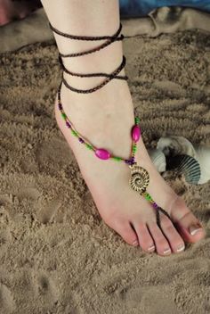 Seashell-amp-Beads-Barefoot-Sandal-Colored-Stones-on-Braided-Wraparound-Twine Beaded Shell Anklets For Beach, Leather Anklets, Spiral Shell, Hanging Beads, Western Women, Ankle Chain, Beaded Anklets, Ankle Bones, Anklet Bracelet