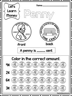 the worksheet for teaching numbers to teach children how to read penny and counting coins