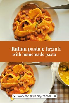 two plates filled with pasta and beans on top of a table