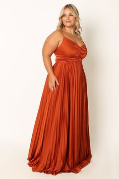 DETAILS This elegant maxi dress is the perfect choice for any special occasion. It features a v neckline, thin adjustable straps and a back invisible zip with hook and eye clasp for an easy fit. The pleated satin fabric has a soft feel that will make you look and feel fabulous all night long. Make a statement at your next party in this stunning maxi dress!  maxi length v neckline thin adjustable straps back invisible zip with hook and eye clasp pleated satin fabric soft feel partially lined  mat Simple Long Dress, Flower Kids, Orange Bridesmaid, Orange Bridesmaid Dresses, Wedding Bridesmaid Dress, Groovy Vibes, Rustic Backyard, Bridesmaids Dress Inspiration, Warm Color Palette