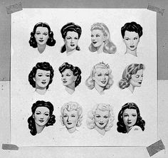 Hairstyles of the early 1940s. Vintage hair, up-do, half up, victory rolls, bangs, pinup Victory Roll, Retro Updo, Pin Up Vintage, Pin Up Hair, Pin Curls