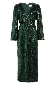 Be a verdant vision in a glittering gown designed with a graceful neckline and gently belled sleeves. Hidden back-zip closure Surplice V-neck Long sleeves Lined 95% polyester, 5% elastane Hand wash, line dry Imported Sleeve Gown, Long Sleeve Gown, Fabric Gift Bags, Nordstrom Store, Fabric Gifts, Free Fabric, Print Gifts, Carry On, Sequin