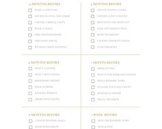 the printable wedding checklist is shown in gold and white, with flowers on it