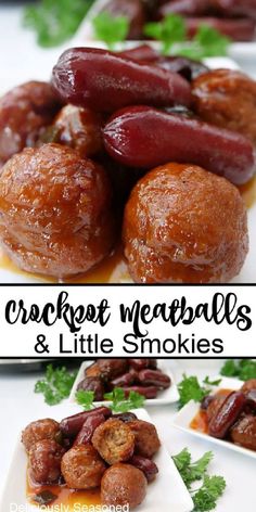 A double collage photo of meatballs and little smokies. Little Smokies And Meatballs Crockpot, Lil Smokies And Meatballs, Super Easy Crockpot Recipes, Little Smokies Recipes, Smokies Recipe, Crockpot Meatballs, Little Smokies, Lil Smokies, Delicious Crockpot Recipes