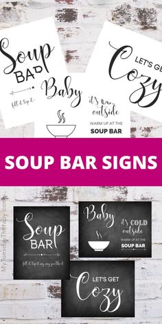 soup bar signs with the words soup bar written in black and white ink on them