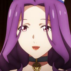 an anime character with purple hair and blue eyes wearing a tiara, looking at the camera