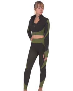 The Trois Seamless Jacket, Legging and Sports Bra Set is unique within our collection as the Trois is the only group of sets that includes a jacket. It also features two different fabric designs within the same garments : The colorful black and green striped design alternates with pure black ruched/stippled fabric areas. This gives this workout set style and sophistication combined with practicality of the highest level. Unique and chic style coupled with a high-compression bodycon fabric makes Dots Clothing, Crop Top Jacket, Sports Bra Set, Sports Bra And Leggings, Green Leggings, Pure Black, Fabric Designs, Sports Top, Workout Jacket