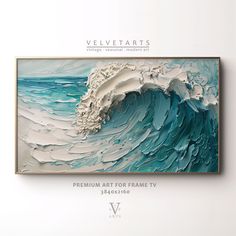 an abstract painting with blue and white waves in the ocean, on a white wall