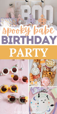 Pinterest graphic with photo collage and text that reads "here four the boo crew birthday party." 4 Ever Spooky Birthday Party, Spooktacular Birthday Party Girl, One Spooky Babe Birthday, Four Ever Spooky Birthday Party, Halloween 4th Birthday Party, Diy Boo Basket, Halloween Birthday Food, Girls Halloween Birthday Party, Groovy Decorations