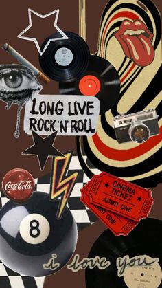 an assortment of stickers and decals from the rolling stones, rock'n'roll, love you